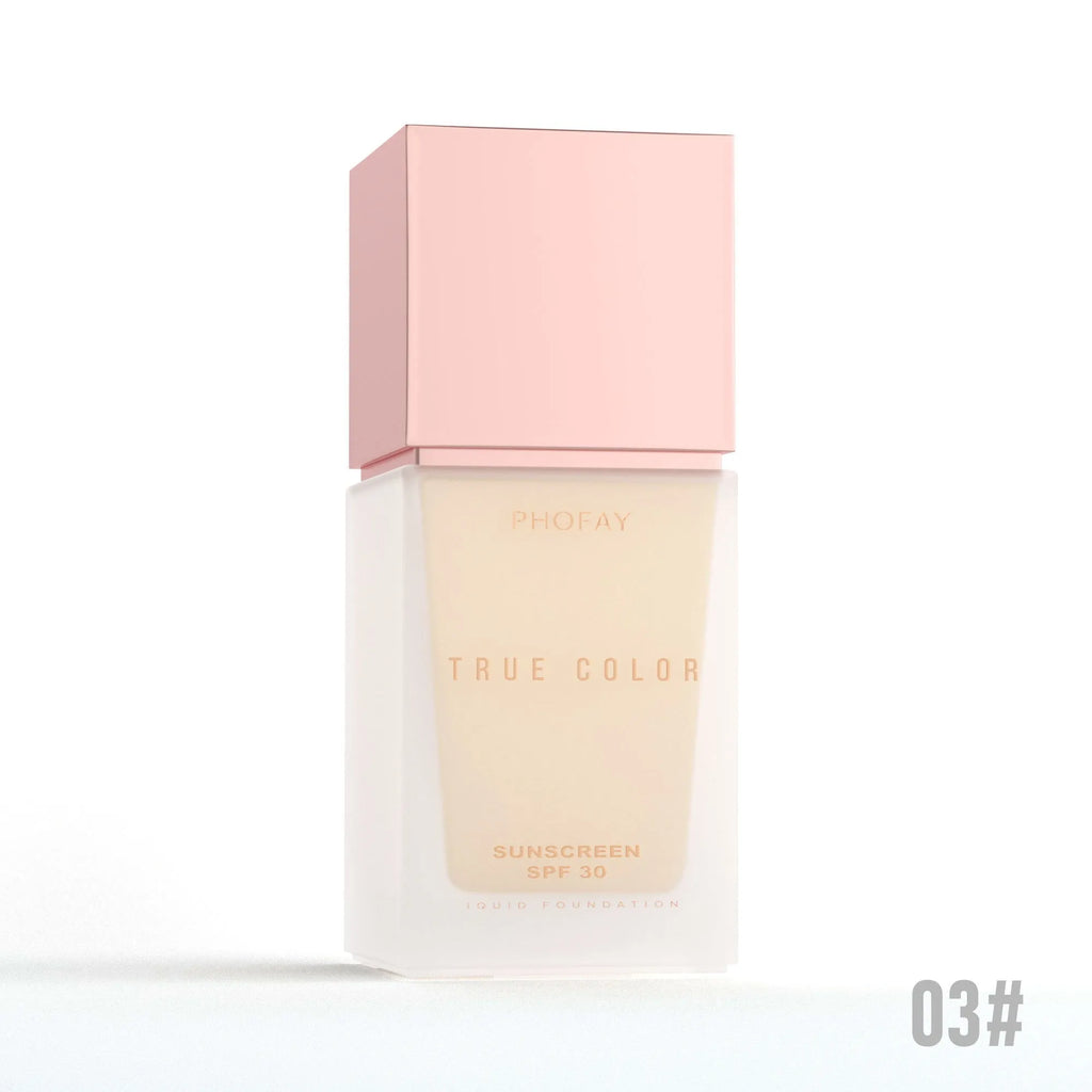 Matte sunscreen liquid foundation SPF 30 bottle in six colour shades 01color through 06color