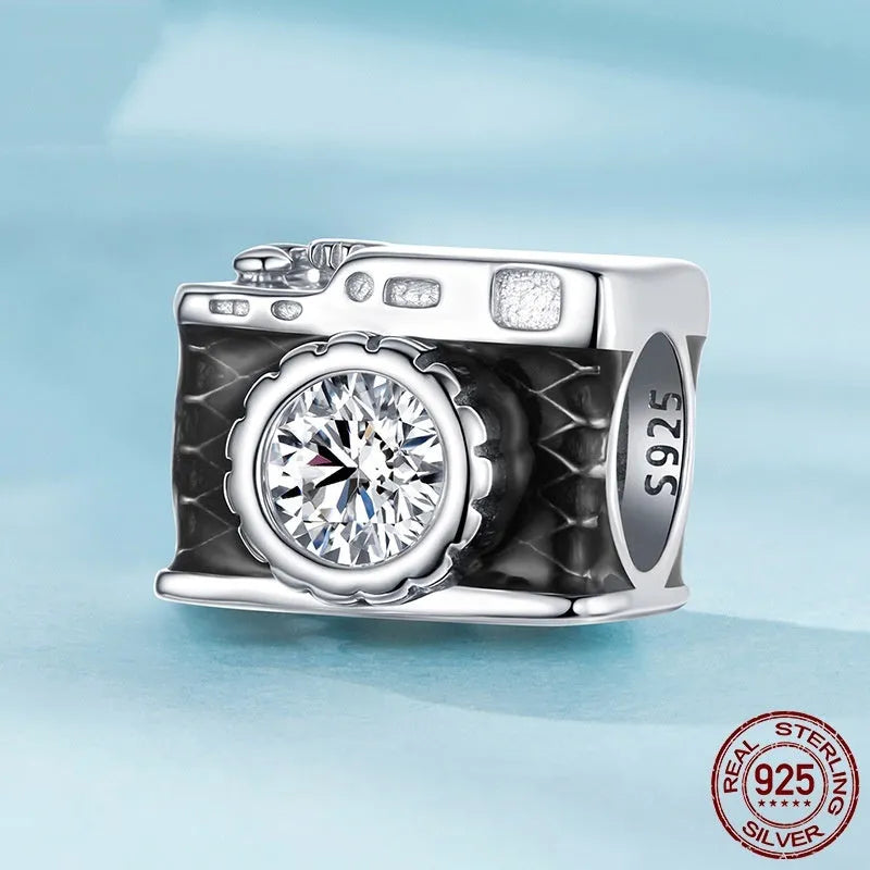 Zircon S925 sterling silver camera bead with dripping oil finish, height 0.8cm width 1.0cm aperture 0.45cm