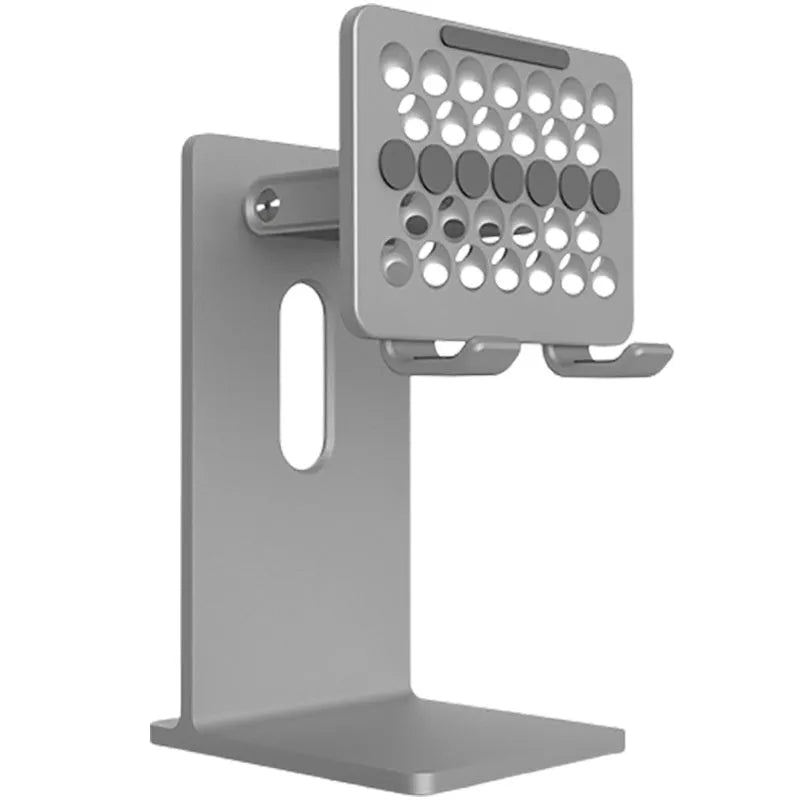 Silver aluminium alloy adjustable desktop stand with phone holder on a desk