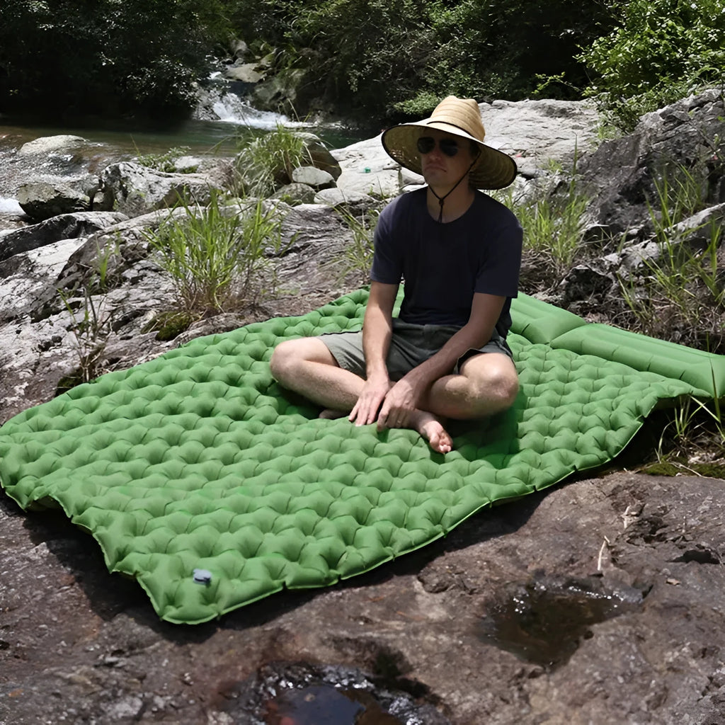 Double widened camping air mattress in army green colour with optional pillow attachment