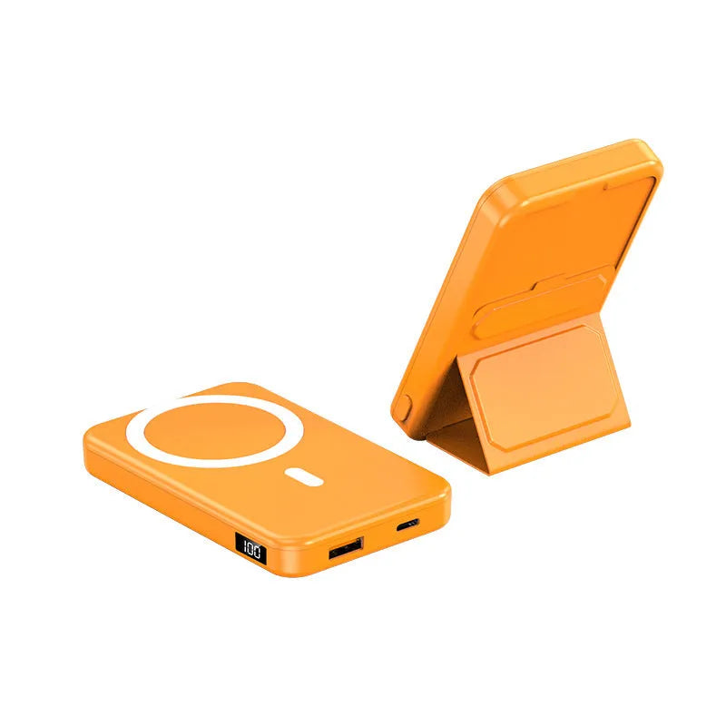 Magnetic wireless charging power bank with folding bracket showing capacity options and colour variations