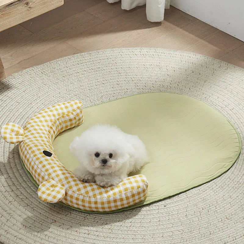 Green and yellow four-season universal dog mat and cat bed mattress in four sizes for summer cooling.