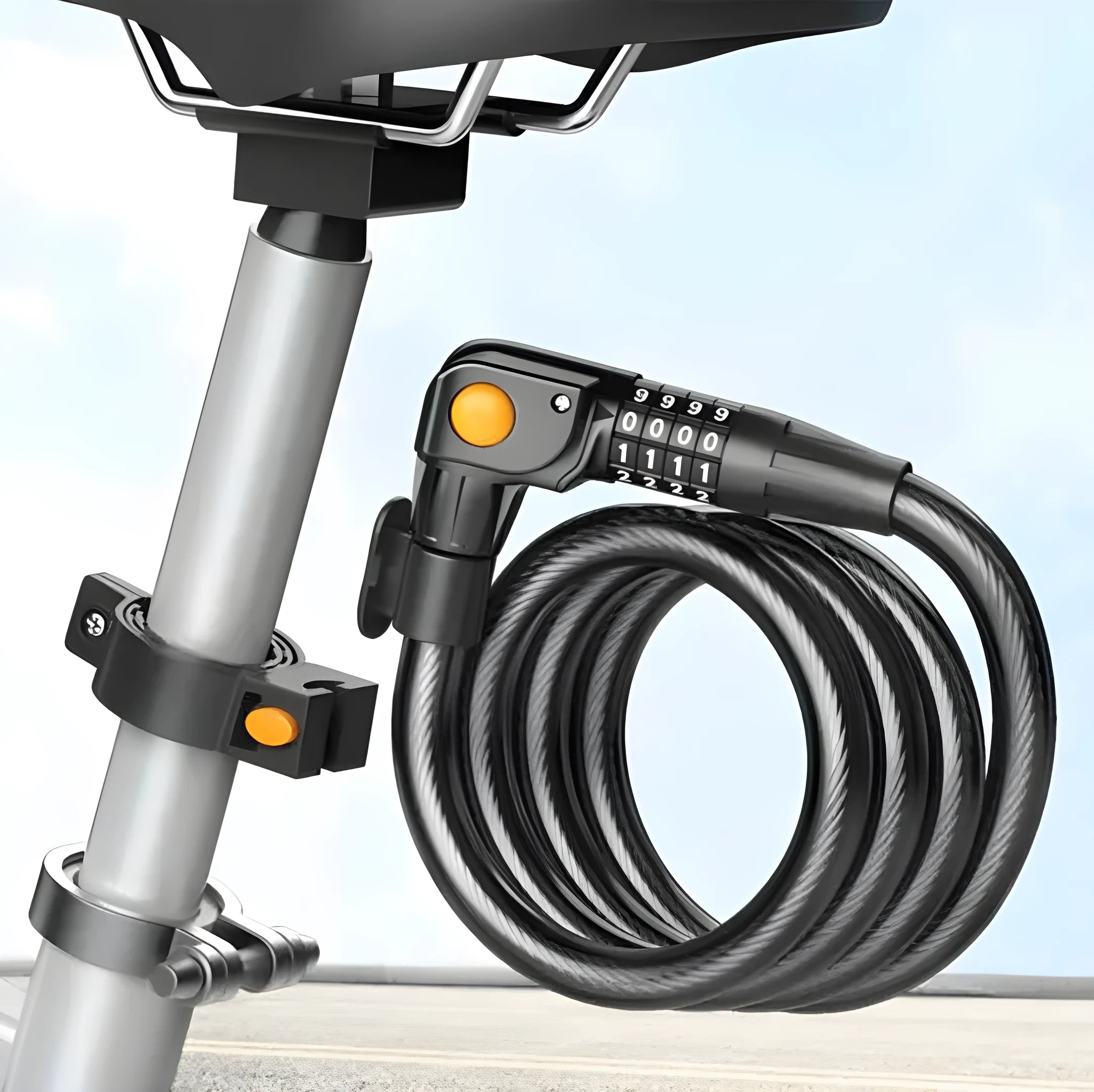 Black and orange 100cm steel cable password bicycle lock with double open mechanism