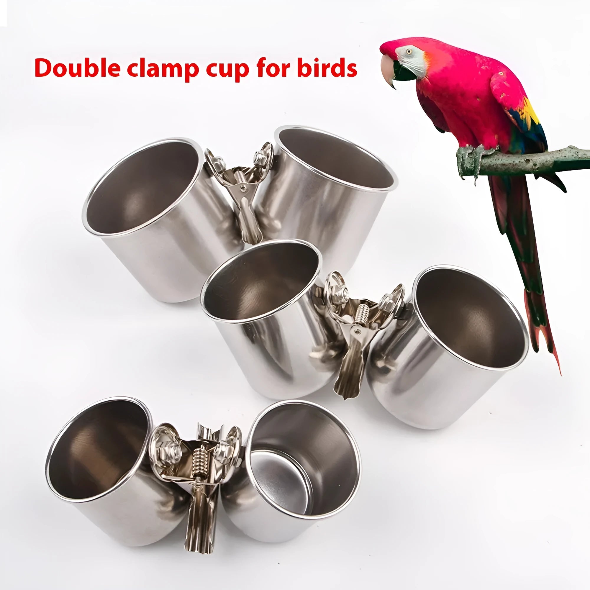 Stainless steel birdcage feeder in natural silver colour, shown in small, medium, and large sizes.