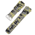 Camouflage patterned TPU watch strap with a silver buckle on a white background