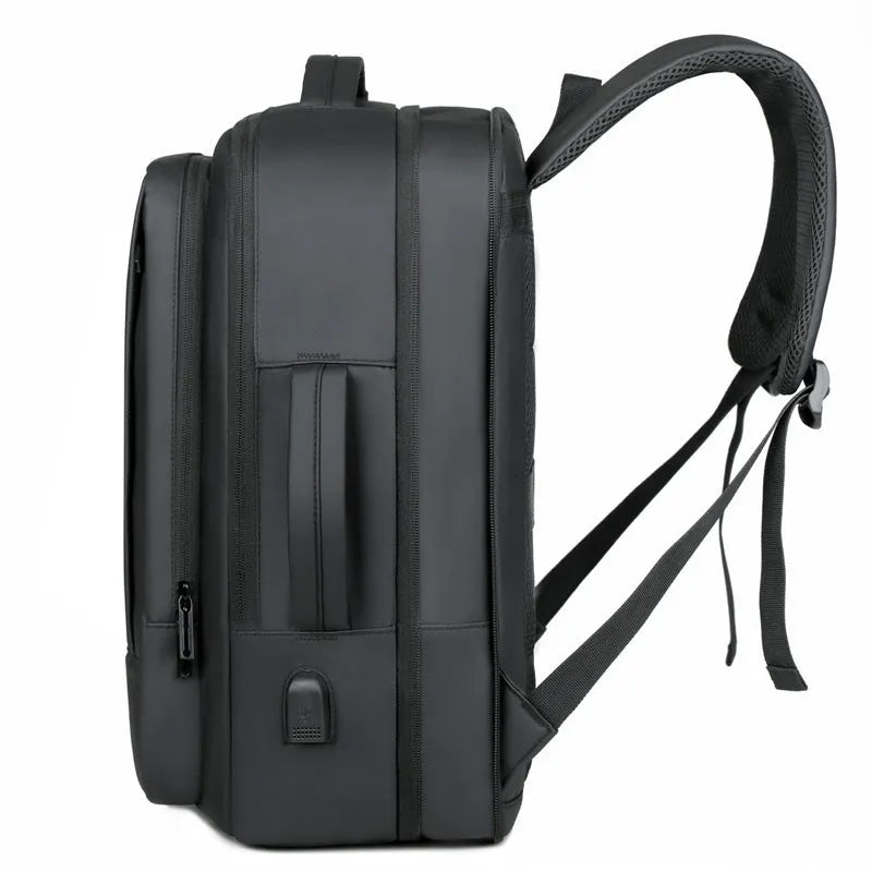 Black waterproof Oxford cloth backpack with curved shoulder strap showing 20-35L capacity for business travel