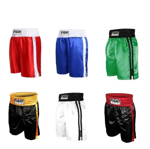 Boxing shorts for kickboxing in multiple colour combinations with striped waistband designs, sizes XS to XXXL
