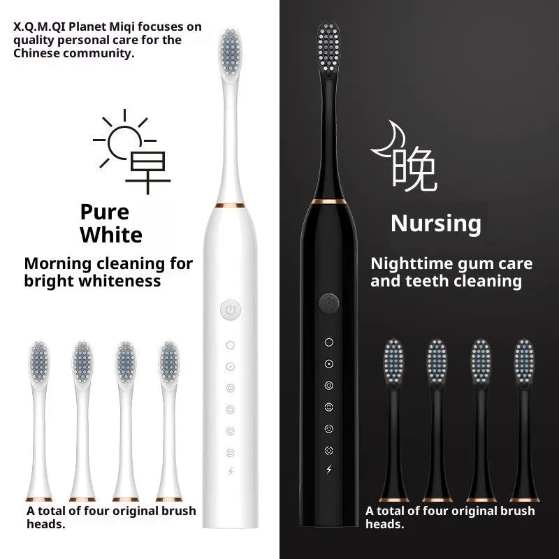 Rechargeable soft-bristle electric toothbrush with magnetic motor, USB charging, sterilization, and 8 brush heads in travel box
