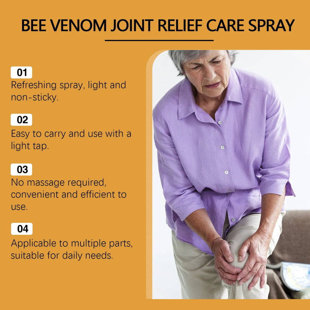 20ml bottle of body care spray with menthol and bee venom for topical application.