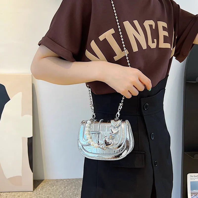 Silver laser pearl women's crossbody bag with square shape and adjustable strap