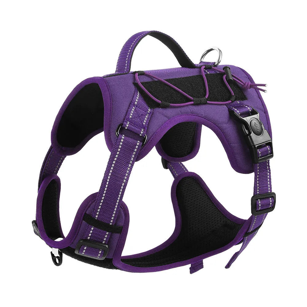 Orange reflective dog harness with explosion-proof design and a black hand-holding rope attached.