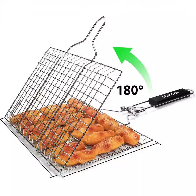 Square stainless steel folding barbecue grill mesh basket with a wire brush