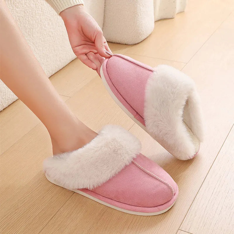 Women's plush winter slippers with round toe, available in brown, grey, pink and white.