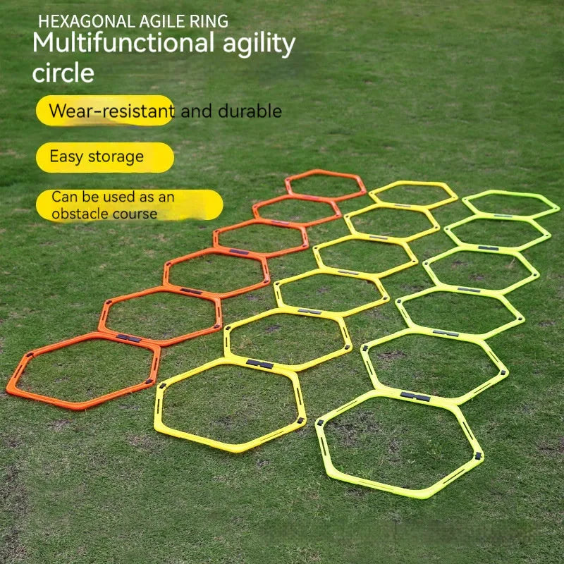 Set of six foldable hexagon football agility training rings in yellow, green, and orange colours.