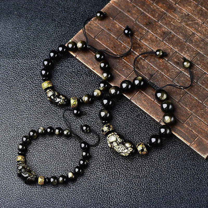 Hand-woven golden obsidian Pi Xiu bracelet with natural stone beads in Chinese zodiac style