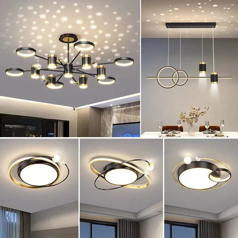 Black iron pendant lamp chandelier with 13-light Nordic star design and remote control