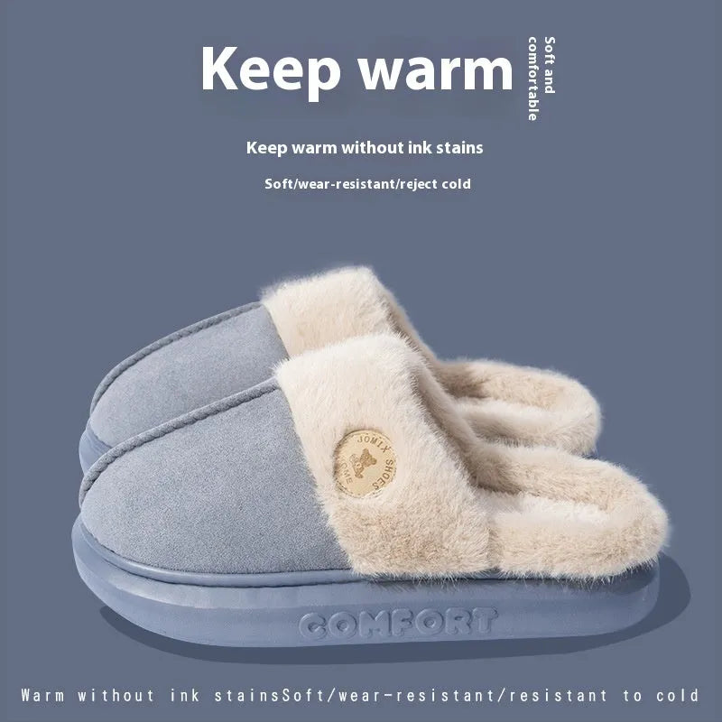 Plush fleece winter slipper with thick PVC sole, shown in khaki colour with car stitching detail.