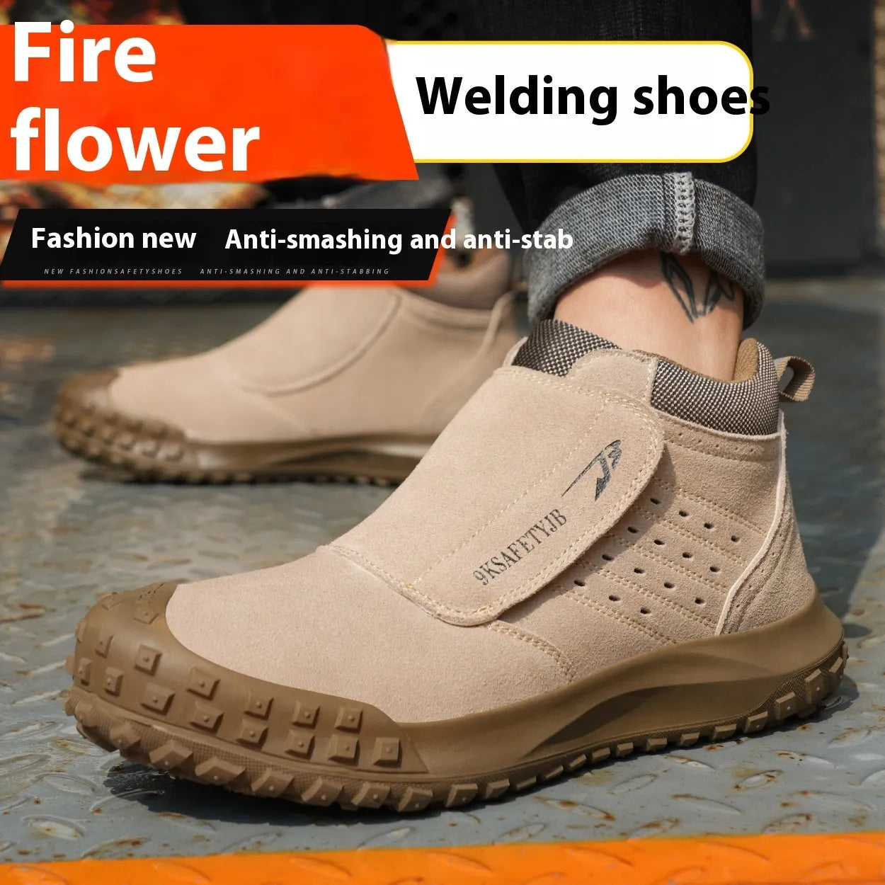 Lightweight grey sand coloured safety shoes with steel toe cap and lace-up front.