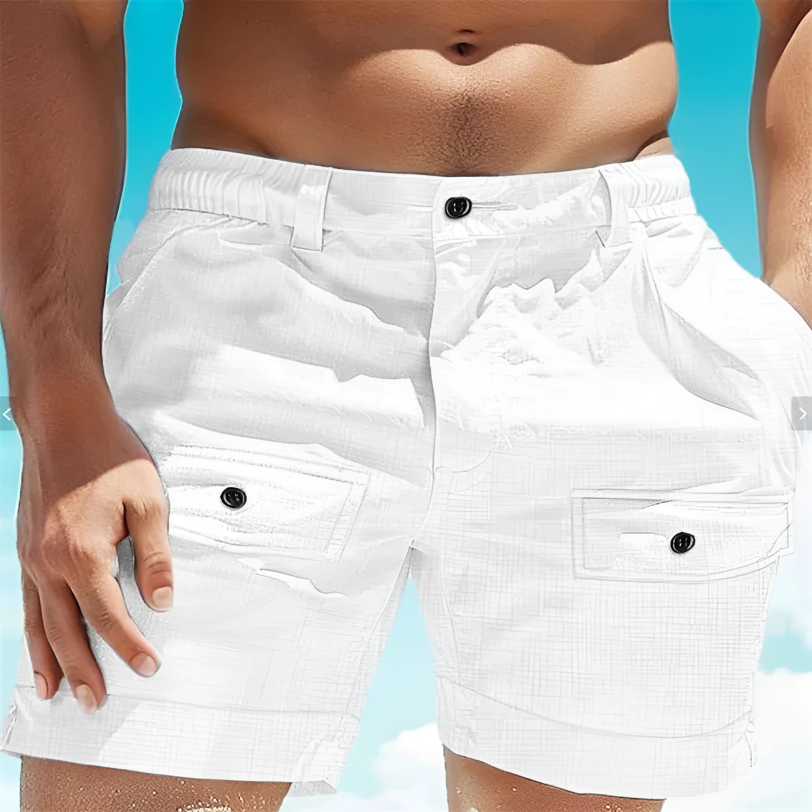 Men's khaki linen shorts with elastic waistband and button front pocket on a white background