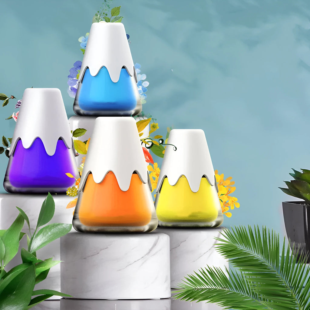 Glass car aromatherapy diffuser in purple, lime, laurel, and blue colour options on a white background.
