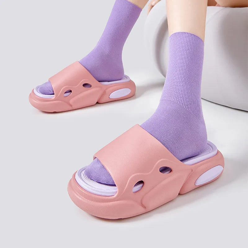Two-colour thick-soled EVA slippers with leather lining in Pink Purple colourway.