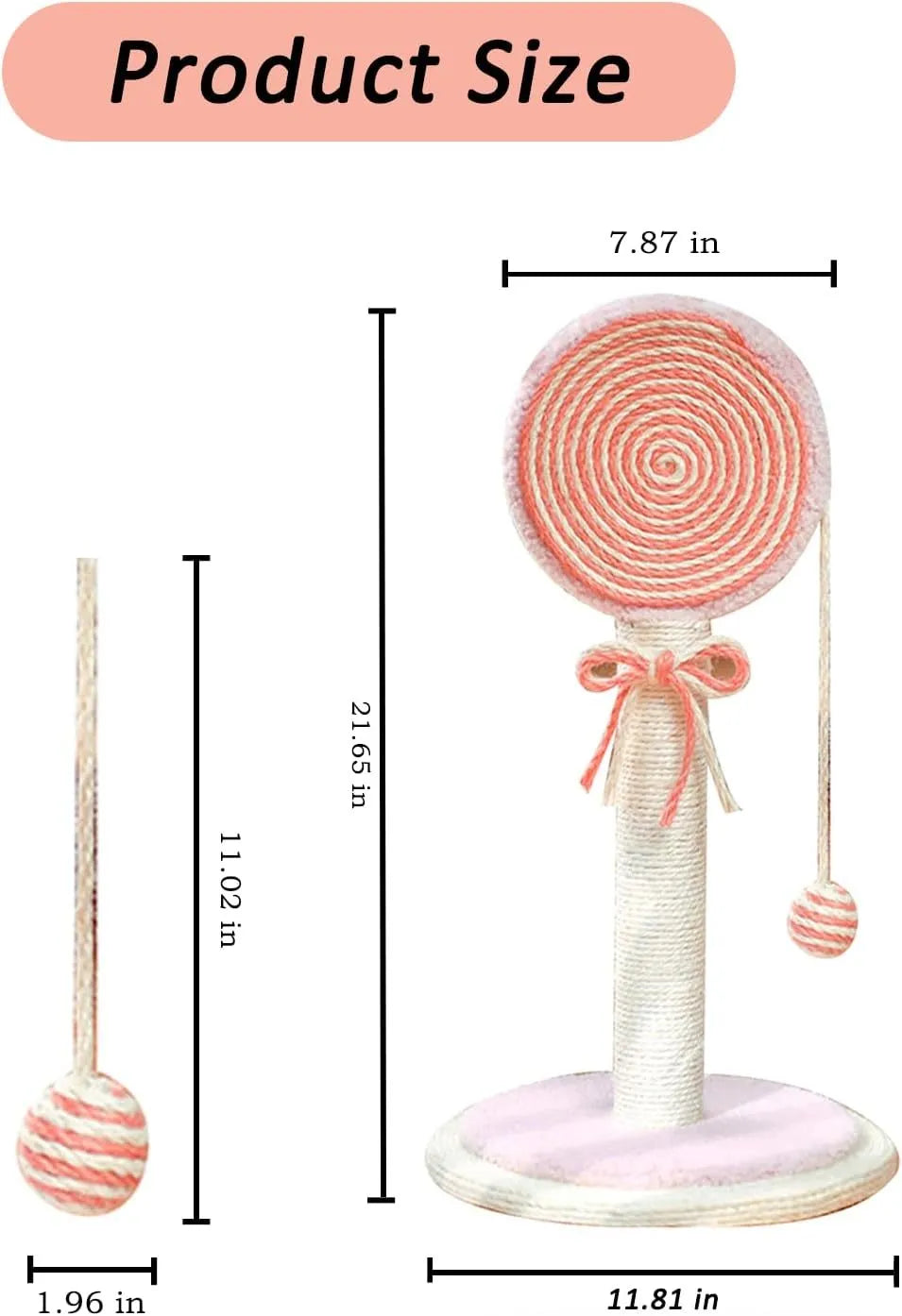 Cat scratching post with hanging ball toy in natural sisal rope on wooden base