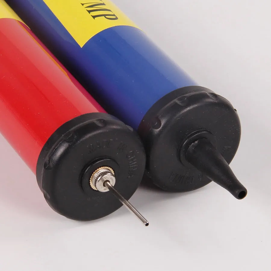 A manual plastic pump for inflating balloons and sports balls, shown in mixed colours.