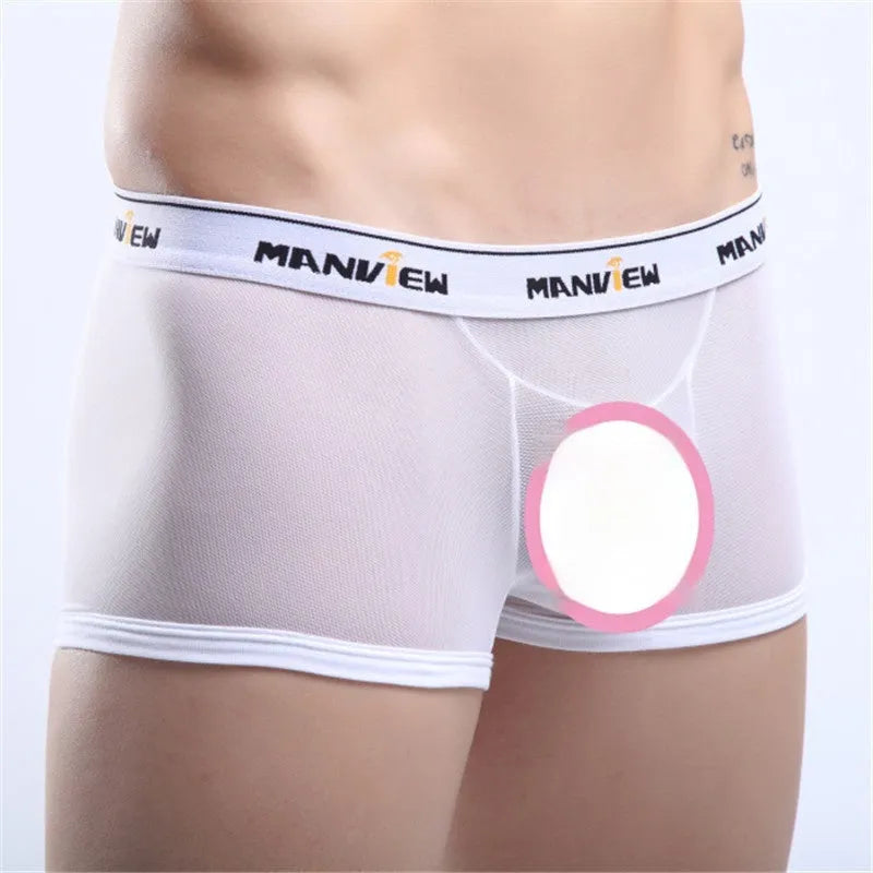 Men's solid colour mesh boxer shorts showing breathable fabric texture in white, yellow, red, black, and blue options