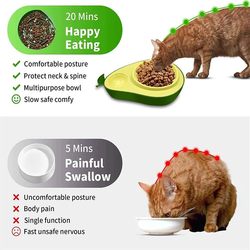 Green avocado-shaped pet feeder with automatic water bottle and separate food bowls
