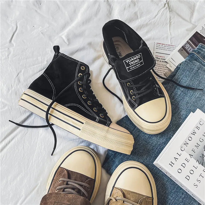 Unisex solid-colour canvas platform shoes with vulcanised rubber sole in black, dark brown, and khaki, sizes 35-44
