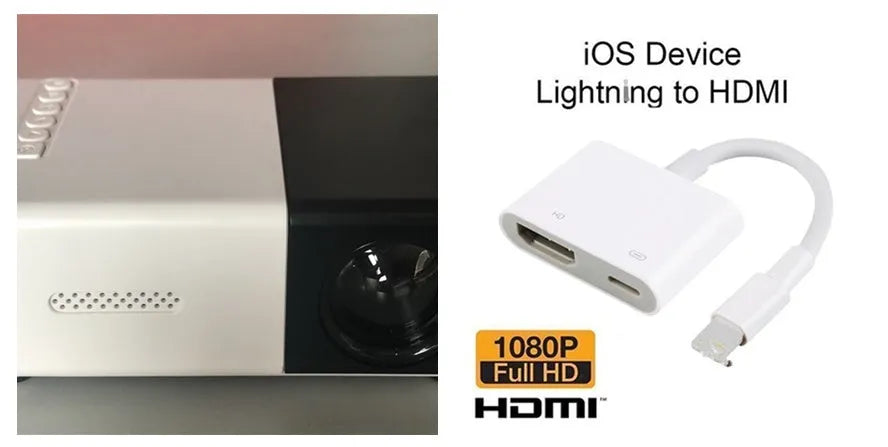 Compact black HD 1080P mini digital projector with UK power plug on white background