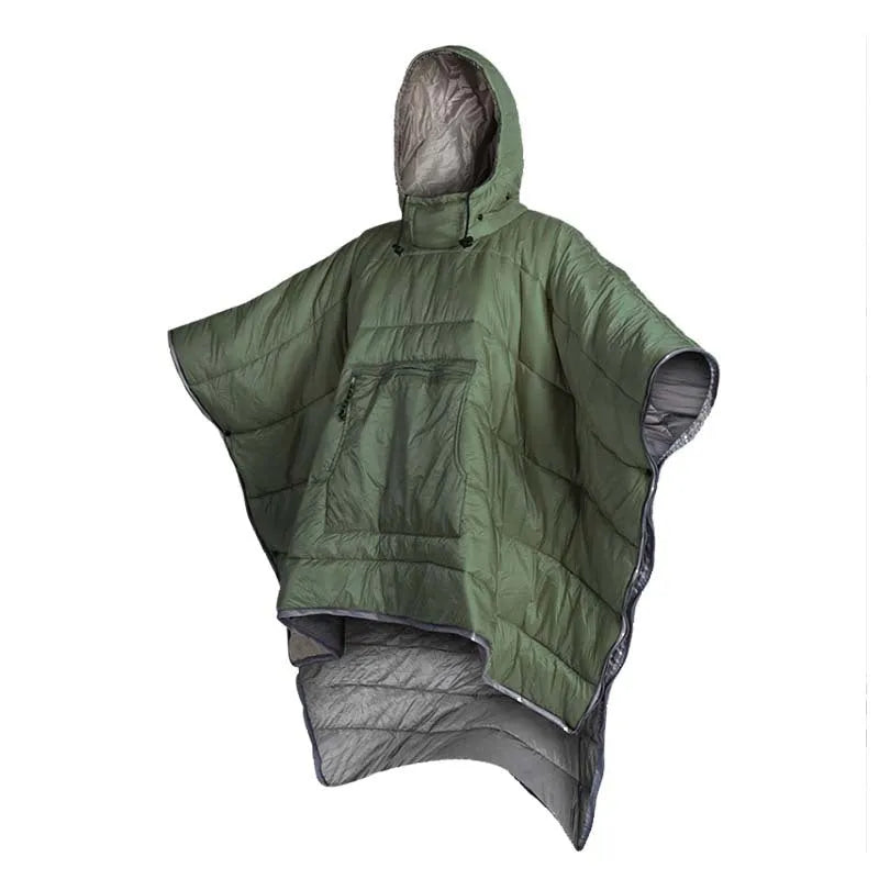 Army Green outdoor cloak sleeping bag with nylon shell shown in wearable configuration