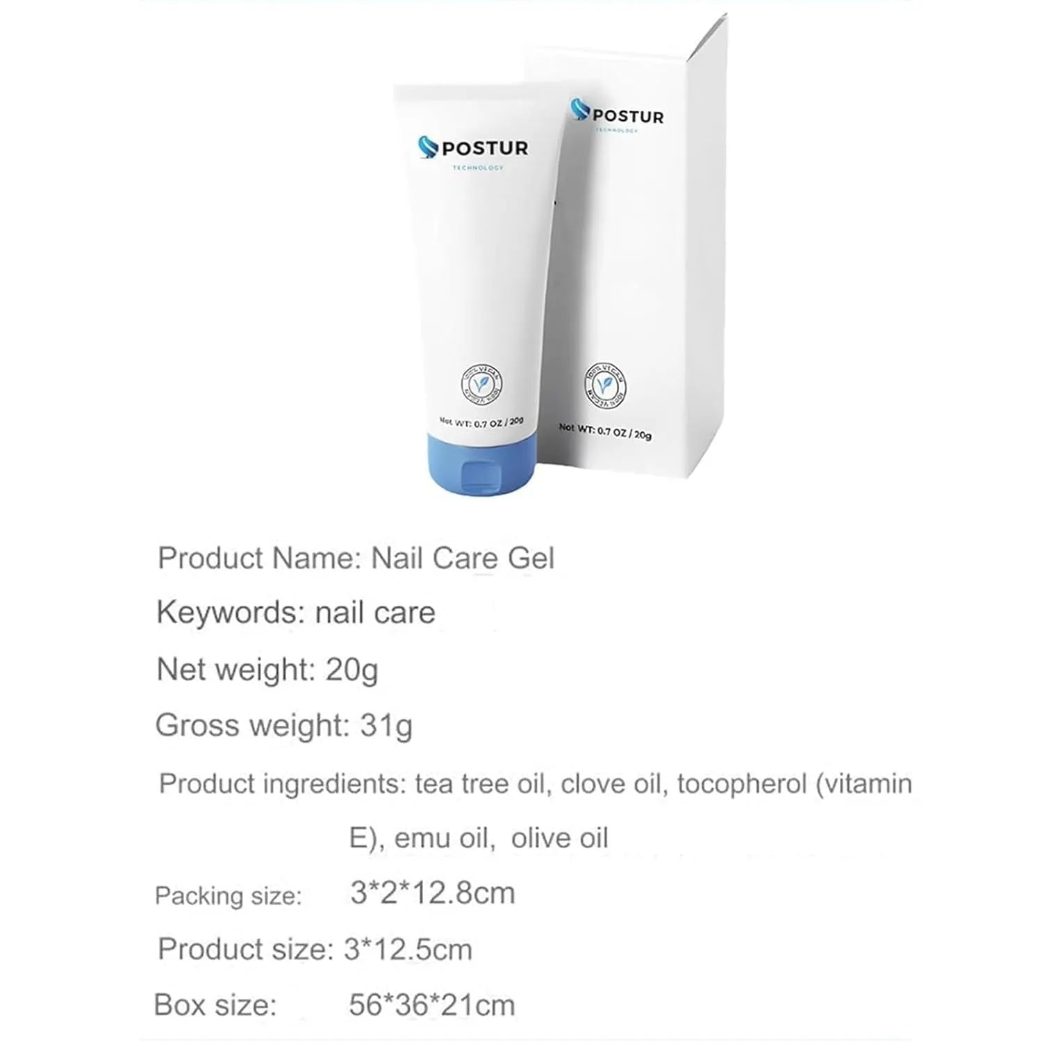 20g clear gel nail care bottle showing 3x2x12.8cm dimensions for cuticle treatment