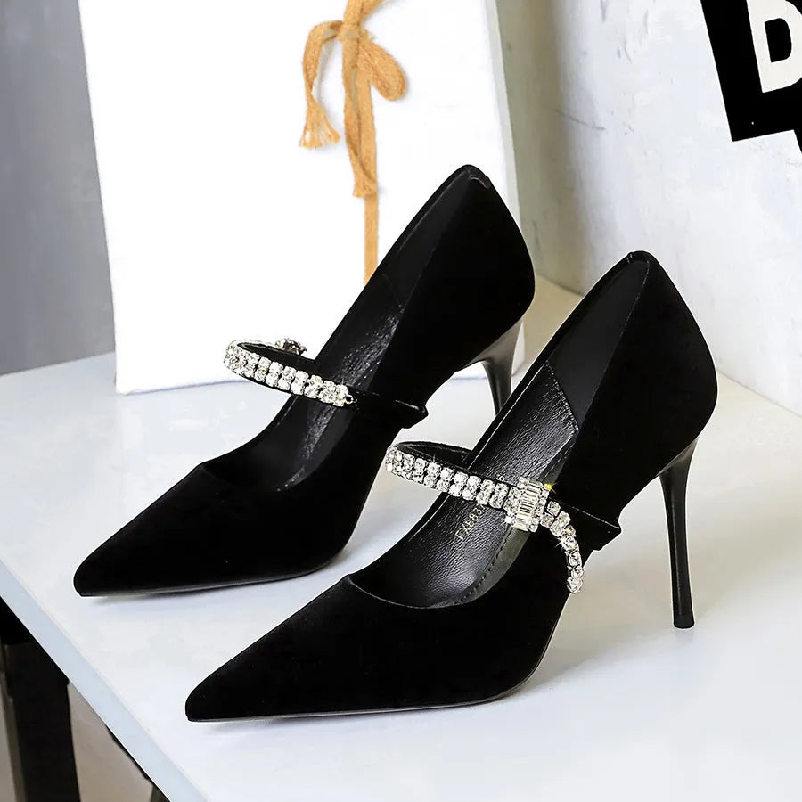Pointed toe suede stiletto heels with rhinestone strap, ultra high heel over 8cm, in burgundy