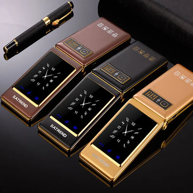 Dual screen flip phone for elderly users showing internal touch screen and external display