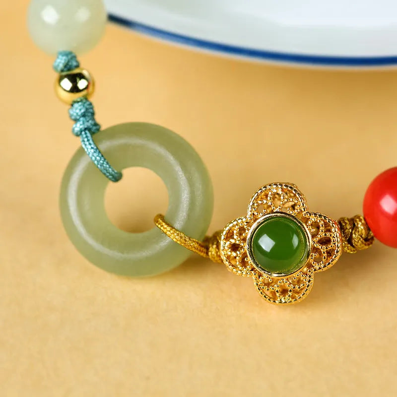 Cinnabar Hetian jade safety buckle bracelet with 8mm flower-shaped beads in retro ethnic style