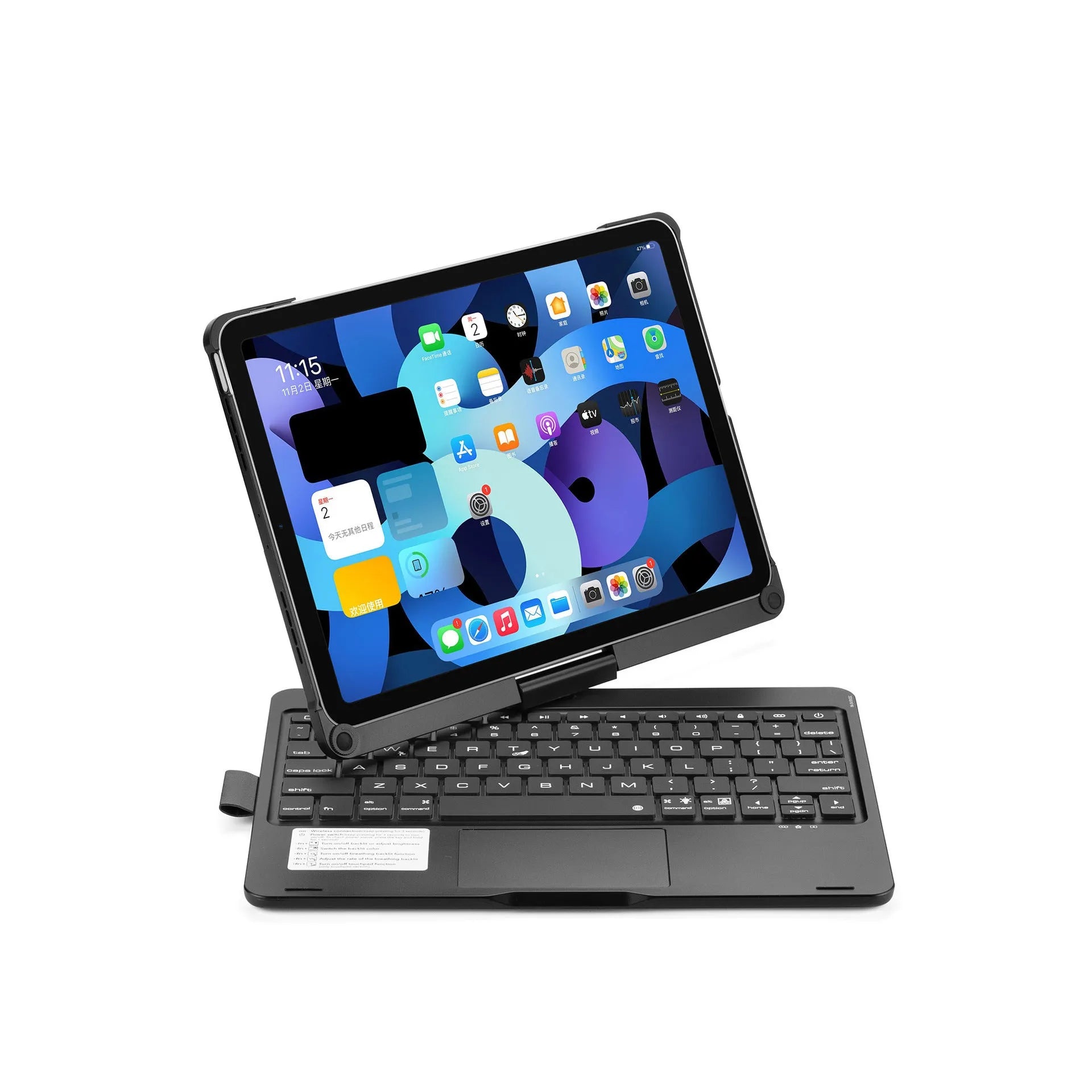 Black 360-degree rotating Bluetooth backlit keyboard case open with an iPad Pro inside, showing the typing angle.