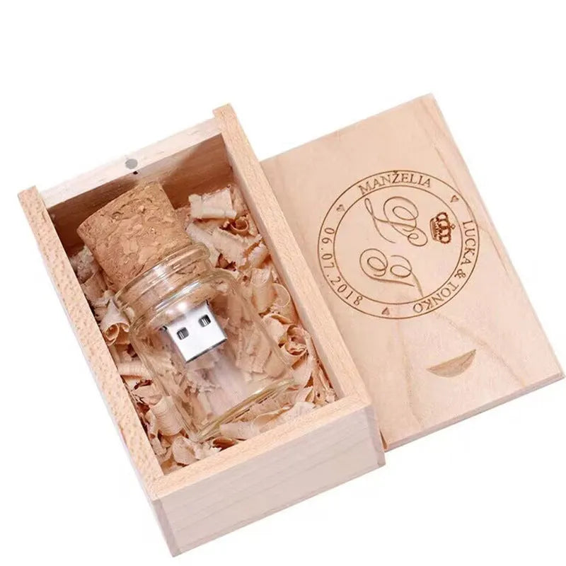 Wooden wish bottle USB flash drive with transparent window showing internal components