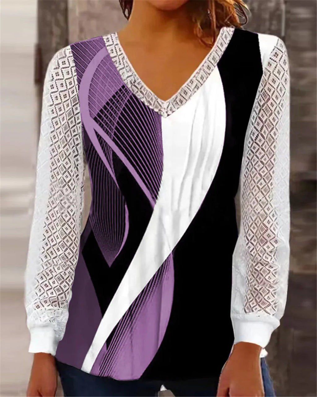 Purple V-neck loose top with hollow-out lace pattern and long sleeves