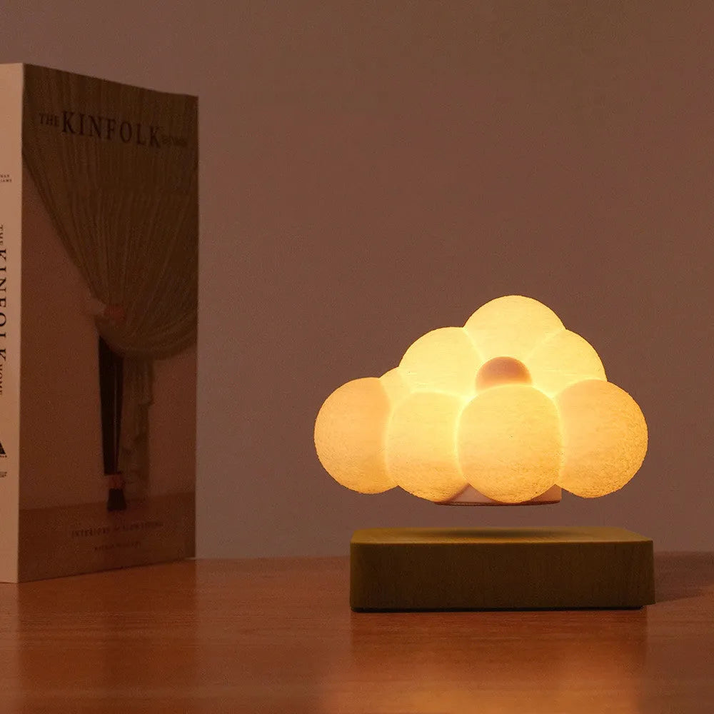 Magnetic levitation cloud lamp with 3D-printed floating cloud, warm white light, and touch control base