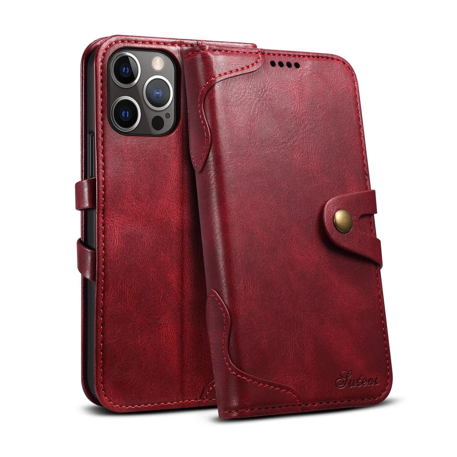 Flip leather wallet phone case for iPhone 13 in black with card slots open
