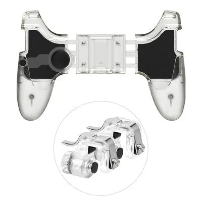 Black mobile phone game handle with USB-C plug and trigger buttons attached to a smartphone.