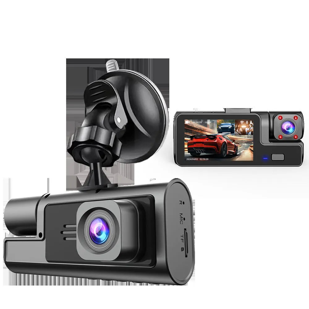 Black WiFi driving recorder with 2-inch screen mounted behind car rear-view mirror