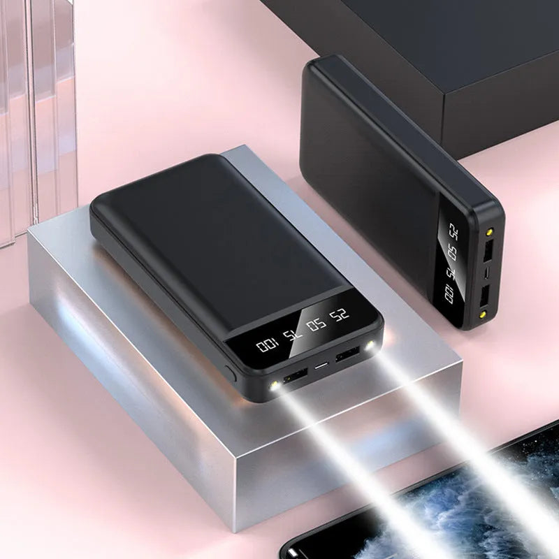 20000 mAh polymer power bank with multiple USB ports in black white pink blue colours