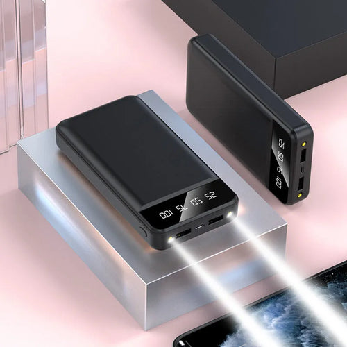 20000 mAh polymer power bank with multiple USB ports in black white pink blue colours