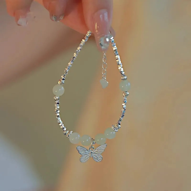 Hetian jade butterfly bracelet or necklace in electroplated copper, women's niche jewellery, silver tone