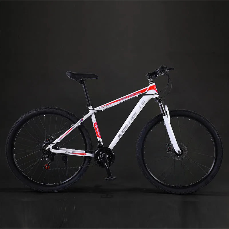 Aluminium alloy mountain bike with disc brakes and front suspension in black and blue colour