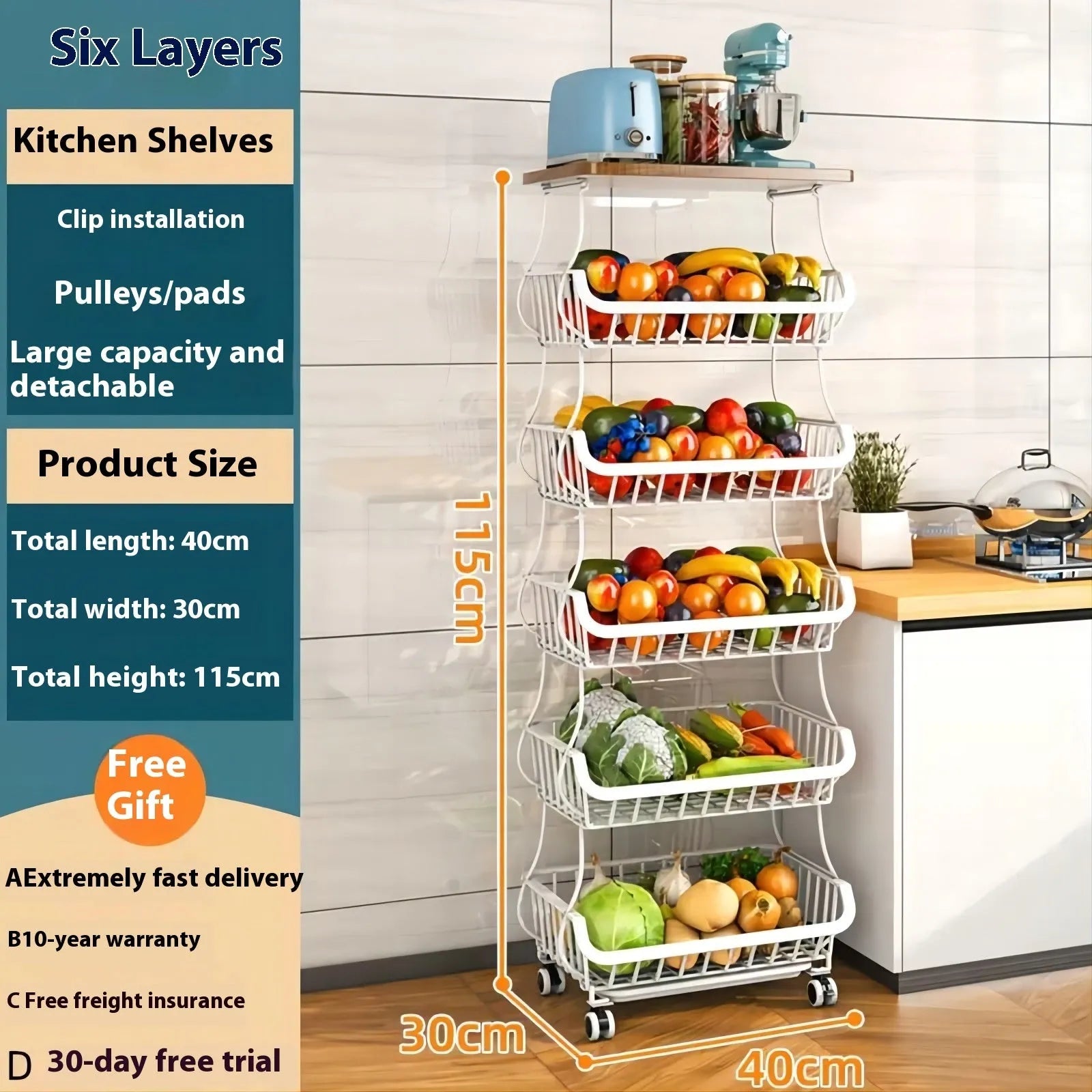 Black six-layer foldable kitchen storage rack with carbon steel frame on floor.