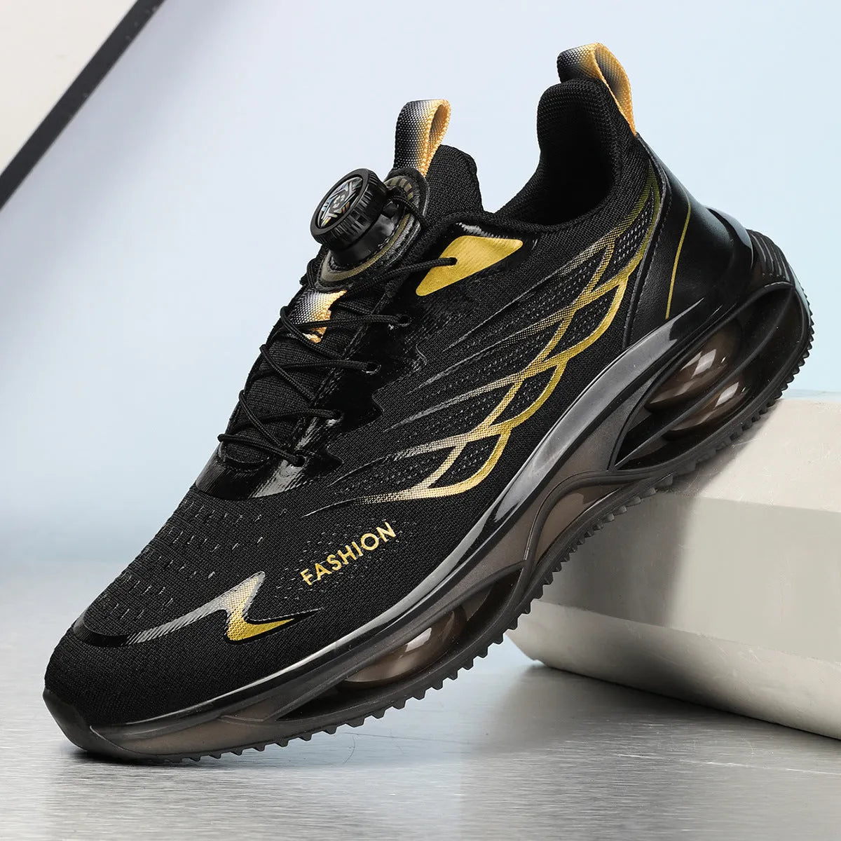 Low-top casual running shoes in sky blue, black gold, or white with PU mesh upper and rubber sole.