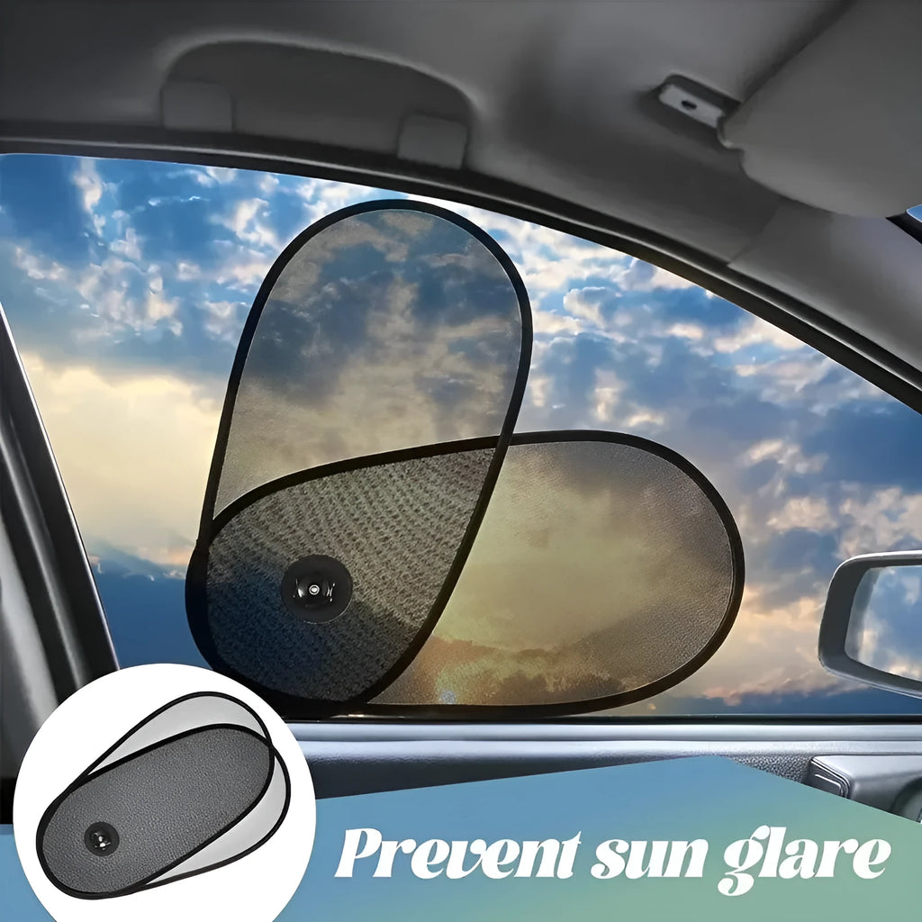 Black stretchy car side window sunshade fitted on glass with suction cups, shown twisted for storage.